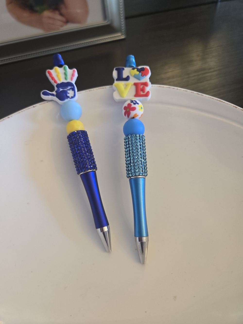 Handmade Blue Decorative Pens with Beaded Autism Awareness Accents